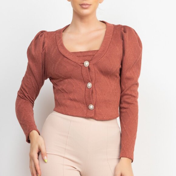 Geometric Cami Puff Sleeves Blazer Top Set - Picture 1 of 5